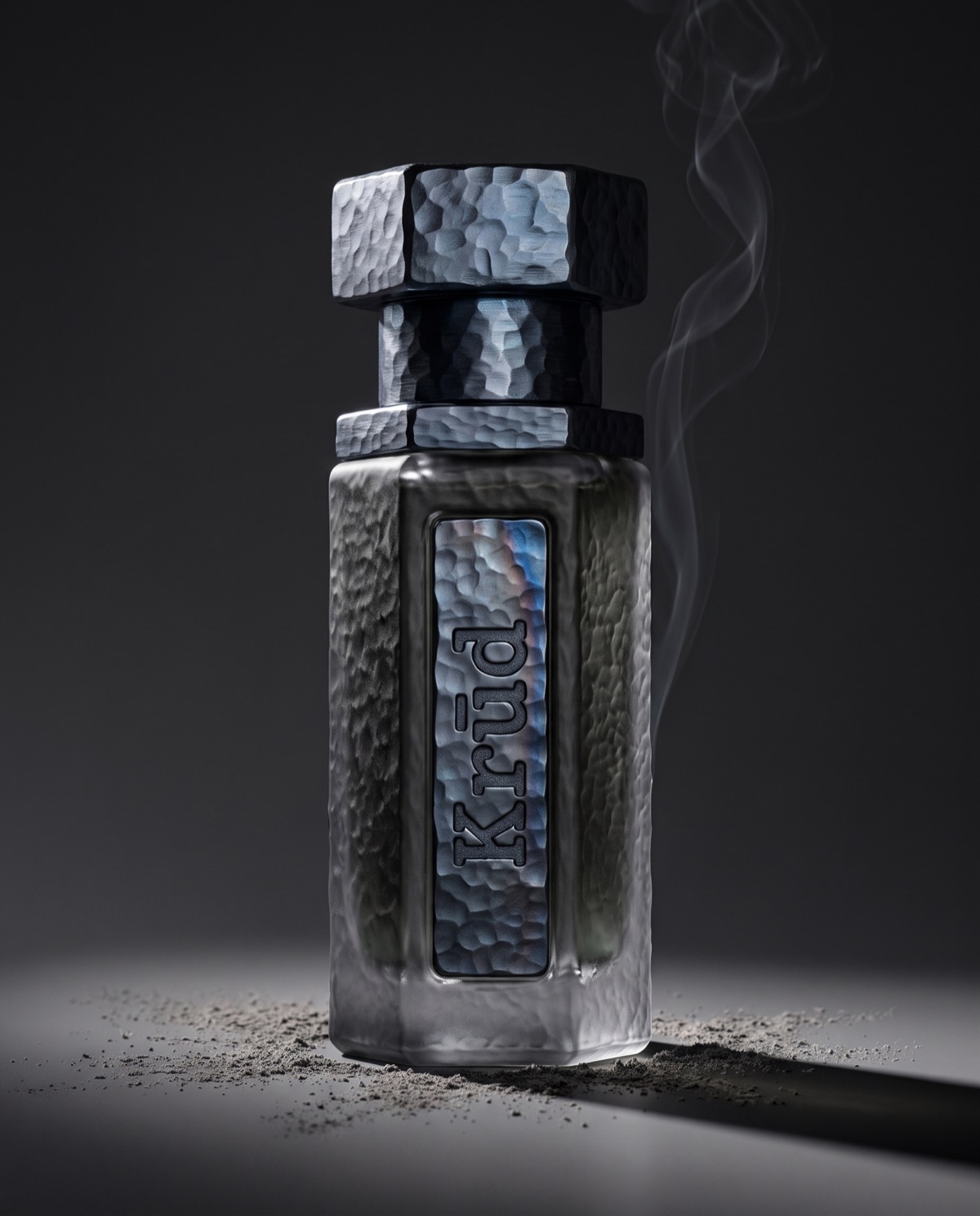 Cendre — ash grey hammered glass bottle with blued iron hex cap