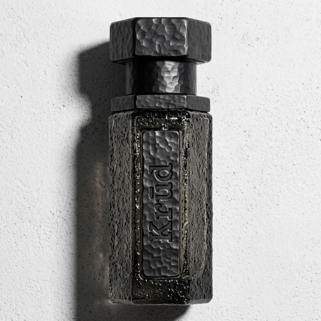 Top-down view of the black krūd bottle on raw plaster, showing hex cap, forged plate and hammered glass